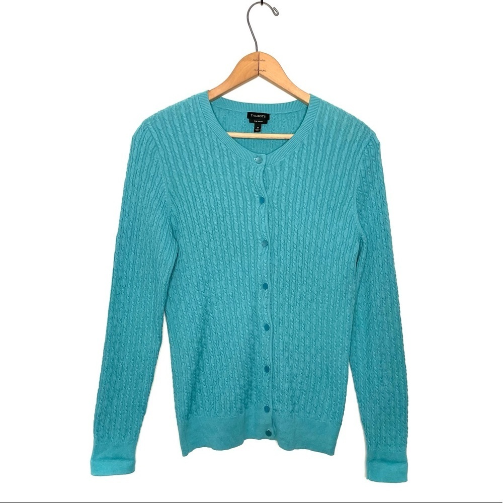 Talbots | Teal Pima Cotton Cable Knit Button Down Cardigan Sweater